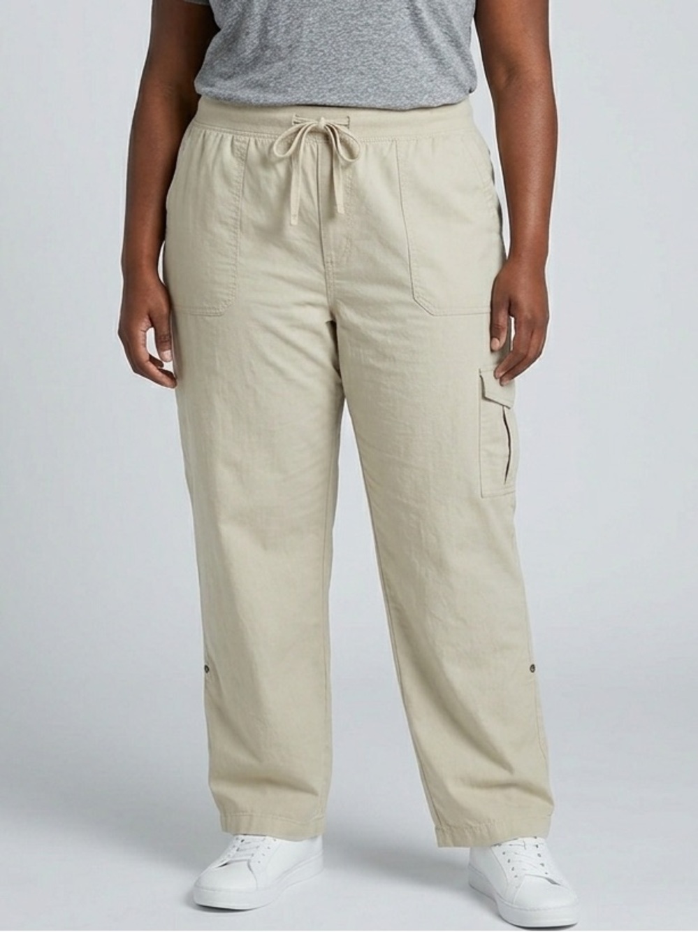 Plus-Size Drawstring Cargo Pants in Light Beige